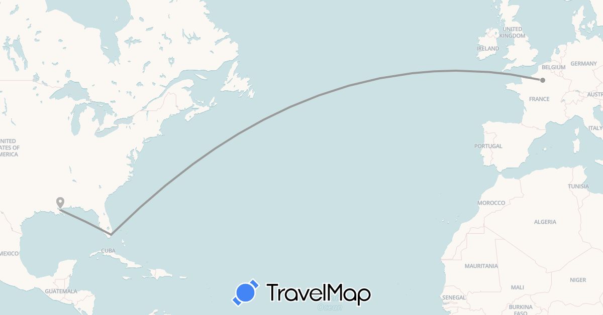 TravelMap itinerary: plane, train in France, United States (Europe, North America)